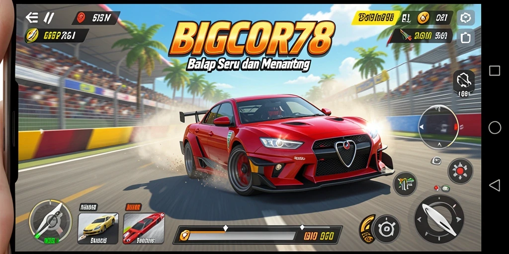 Screenshot gameplay BIGCOR78 yang menunjukkan aksi balapan seru.
