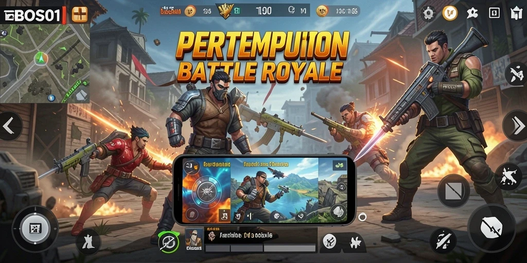 Screenshot utama BOS01 menunjukkan aksi seru dalam gameplay Battle Royale.