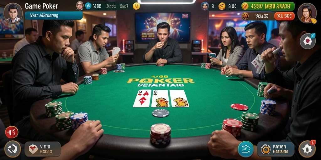Menampilkan gameplay seru dari aplikasi Poker V98 dengan interaksi pemain.
